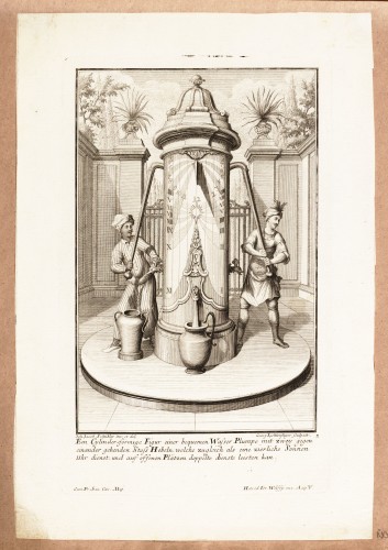Ornamentprent. Ein Cylinderformige Figur einer bequemen Wasser Plumpe.